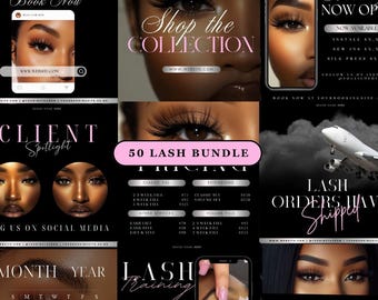 May include: A promotional image for eyelash extensions and related services. The image features text such as "Shop the Collection," "50 Lash Bundle," and "Lash Training." The image also includes photos of eyes with long lashes and a calendar.