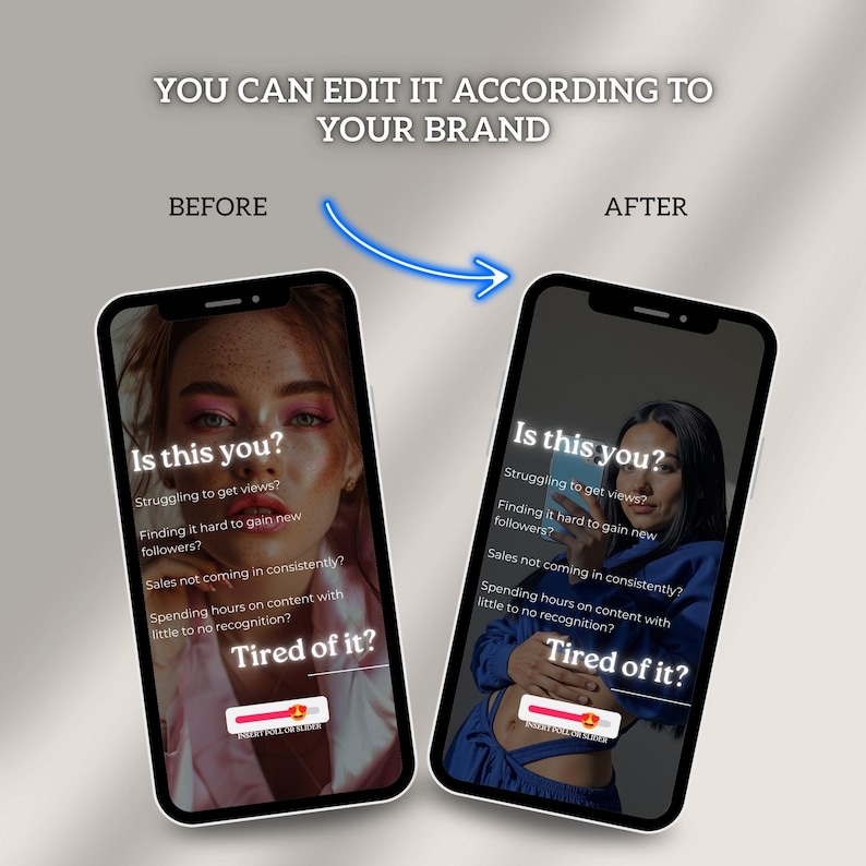 K&ouml;nnte beinhalten: Zwei Smartphones nebeneinander, eines mit der Aufschrift "Vorher" und das andere mit "Nachher". Jeder Bildschirm zeigt den Text: "Bist du das?" gefolgt von Fragen zu Aufrufen, Followern und Verk&auml;ufen. Der Text "Tired of it?" erscheint unten.