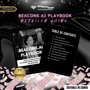 Könnte beinhalten: Ein digitaler Leitfaden mit dem Titel Beacons AI Playbook mit einem Inhaltsverzeichnis von zehn Kapiteln. Das Cover zeigt eine Person in einem Schwarz-Weiß-Foto. Das Dokument umfasst 70 Seiten, ist in Canva bearbeitbar und hat einen dunklen Hintergrund.