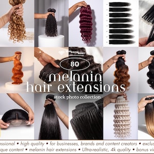 以下が含まれることがあります： ストレート、ウェーブ、カーリーなど、さまざまな質感、長さ、色のヘアエクステンションのコレクション。画像には「80 melanin hair extensions stock photo collection」、「4K」、「look how thick」というテキストが含まれています。
