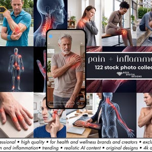 May include: A digital collage of 122 stock photos featuring individuals experiencing physical discomfort in various body parts, including the shoulder, knee, hand, and jaw, with red highlights indicating pain and inflammation, plus text reading pain + inflammation.