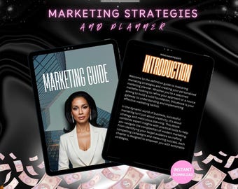Könnte beinhalten: Digitaler Marketing-Leitfaden und -Planer mit dem Text "Marketing Strategies and Planner". Das Bild zeigt zwei Tablets mit dem Text "Marketing Guide" und "Introduction". Der Hintergrund enthält fallendes Geld und die Wörter "Premium", "Instant Download" und "Editable in Canva".