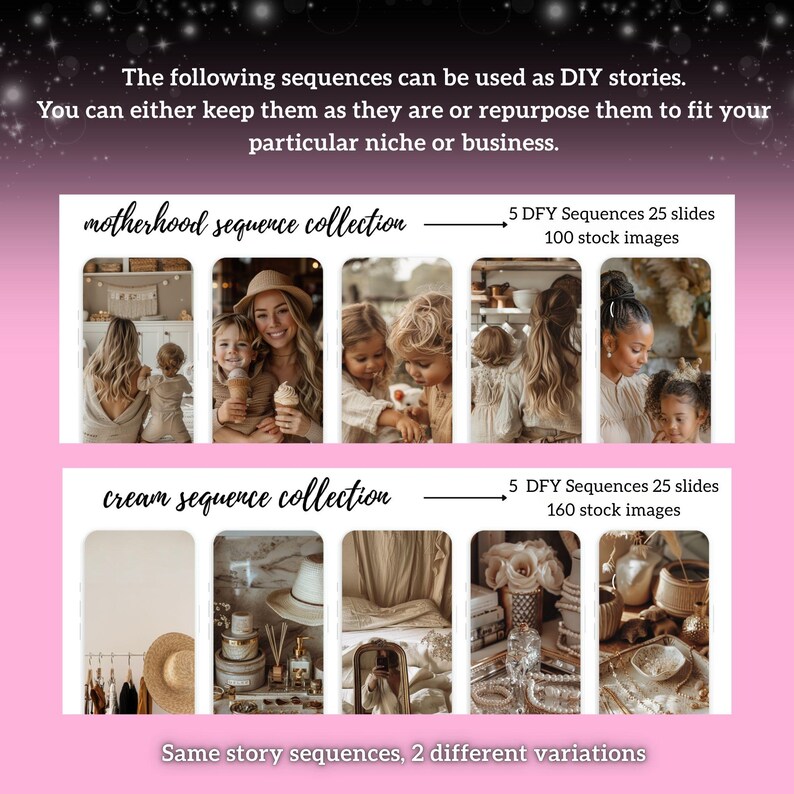 K&ouml;nnte beinhalten: Grafik mit den Texten &bdquo;motherhood sequence collection&ldquo; und &bdquo;cream sequence collection&ldquo; mit entsprechenden Bildern. Der Text enth&auml;lt auch &bdquo;5 DFY Sequences 25 Folien 100 Stockbilder&ldquo; und &bdquo;5 DFY Sequences 25 Folien 160 Stockbilder&ldquo;.