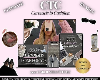 Könnte beinhalten: Rosa Grafik mit dem Text "CTC Carousels to Cashflow" und "Ultimate Bundle". Das Bild zeigt einen Laptop, ein Tablet und ein Telefon, die Inhalte anzeigen, sowie einen goldenen Aufkleber mit "Bonus 600 Carousels".