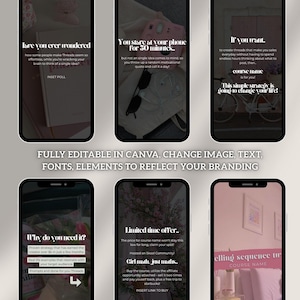 K&ouml;nnte beinhalten: Ein digitales Marketing-Produkt-Mockup mit sechs Smartphone-Bildschirmen. Jeder Bildschirm zeigt Text und Grafiken, darunter S&auml;tze wie "Du starrst 50 Minuten lang auf dein Telefon" und "Vollst&auml;ndig bearbeitbar in Canva". Das Gesamtthema ist Social-Media-Marketing.