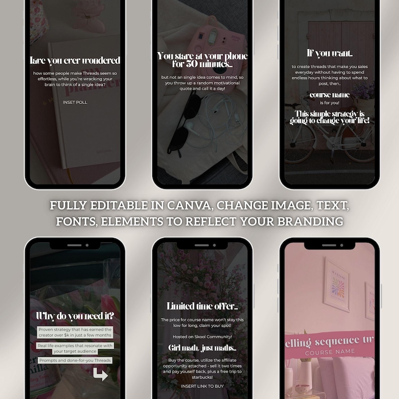 K&ouml;nnte beinhalten: Ein digitales Marketing-Produkt-Mockup mit sechs Smartphone-Bildschirmen. Jeder Bildschirm zeigt Text und Grafiken, darunter S&auml;tze wie "Du starrst 50 Minuten lang auf dein Telefon" und "Vollst&auml;ndig bearbeitbar in Canva". Das Gesamtthema ist Social-Media-Marketing.