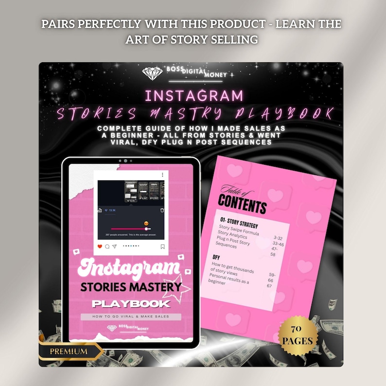 K&ouml;nnte beinhalten: Ein pinkfarbenes und wei&szlig;es Instagram Stories Mastery Playbook mit dem Text "Instagram Stories Mastery Playbook" und "How to go viral & make sales." Das Buch enth&auml;lt ein Inhaltsverzeichnis und ein Tablet, das eine Instagram-Story anzeigt.
