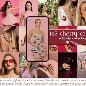 May include: A collage of images featuring cherry-themed fashion and accessories. The images include dresses, jewelry, and accessories adorned with cherry designs. The text "108 cherry coded editorial collection" is displayed.