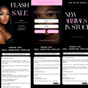 May include: Black and pink e-commerce marketing template with a woman's face. The template includes sections for a flash sale, newsletter sign-up, and new arrivals. Abandoned cart email templates are also shown.