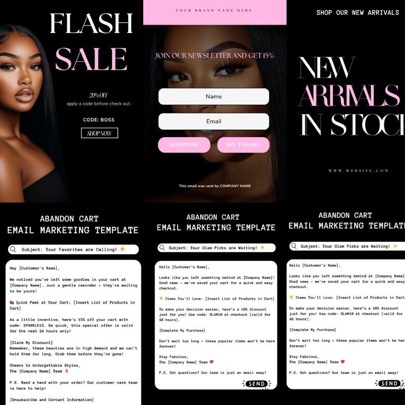 May include: Black and pink e-commerce marketing template with a woman's face. The template includes sections for a flash sale, newsletter sign-up, and new arrivals. Abandoned cart email templates are also shown.