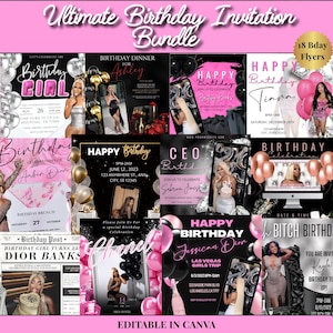 18 Birthday Flyer Templates | Editable Canva Invitations | Rich Girl Birthday, Birthday Dinner, Party Flyer, Birthday Invite, Pink Gold Glam