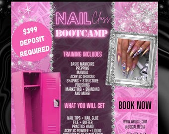 Modello di volantino per corsi di nail art: corsi di formazione Bootcamp, corsi di bellezza e marketing per saloni di bellezza