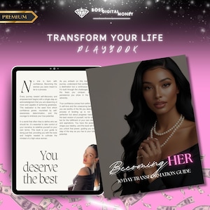 Puede incluir: Una tableta digital y un libro titulado "Becoming HER" se muestran. La portada del libro presenta a una mujer con cabello largo y oscuro y un collar de perlas. La tableta muestra el texto "You deserve the best". La imagen tiene un esquema de color rosa y dorado.