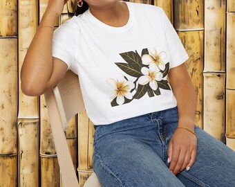Frangipani Floral T-shirt: Bright Holiday Tee, Softstyle Cotton