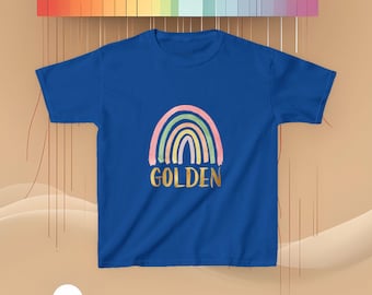 Golden Rainbow Kids Tee, Cute Cotton T-Shirt, Kids Gift, Fun Summer Wear, Birthday Party Outfit, Children's Rainbow Shirt