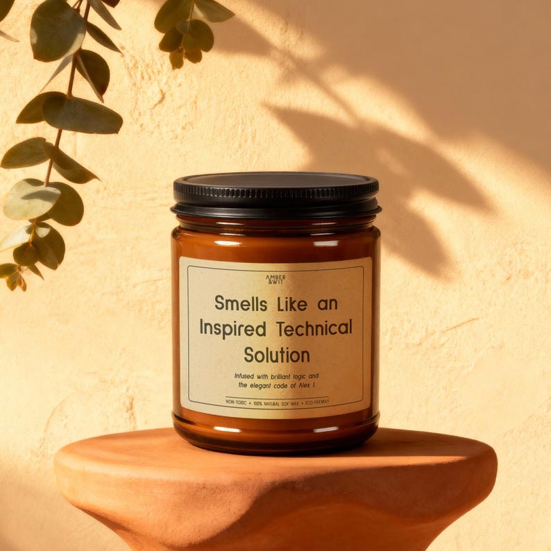 Funny developer gift candle sitting on a terracotta pedestal with soft, warm lighting and eucalyptus in the background.