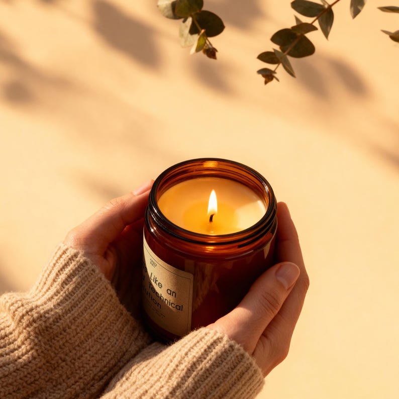 The lit amber jar candle glowing warmly in a cozy home setting, with soft shadows and eucalyptus leaves in the background.