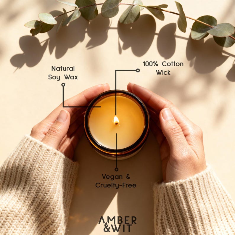 Infographic highlighting the candle's quality features: 100% natural soy wax, a clean-burning cotton wick, and a vegan and cruelty-free formula.