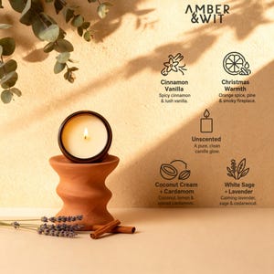 Infographic displaying the five available scent options for our candles: Cinnamon Vanilla, Christmas Warmth, Unscented, Coconut Cream & Cardamom, and White Sage & Lavender.