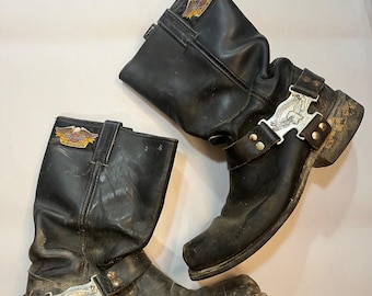 Vintage Harley Davidson Leather Biker Boots with Metal Eagle Attachment | As Is