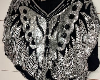 Top vintage Y2K con farfalle e paillettes, 100% seta