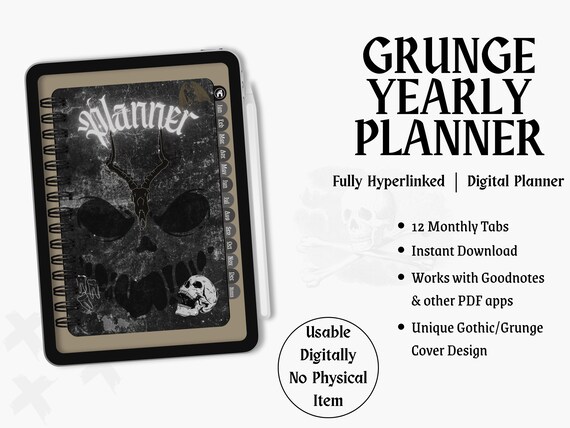 Grunge Gothic Digital Planner PDF – Hyperlinked Weekly, Budget, Calendar Journal | Dark Aesthetic GoodNotes PDF