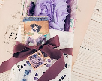 Lavender Fabric Scrap Bundle – Floral Velvet Lace Textiles