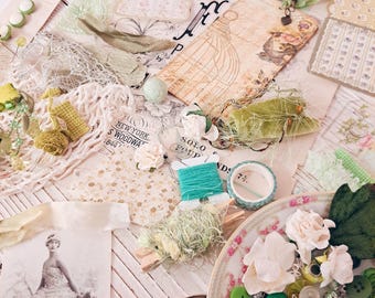 Vintage Green Craft Supply Kit – Beads, Ephemera, Ribbons & Dish