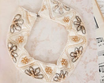 Vintage Hand Beaded Collar: Cream Faux Pearl Embellishment