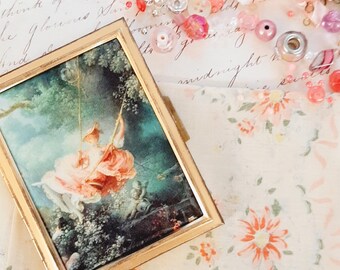 Vintage Brass Photo Case: "The Swing" Silk Screen, Floral Hankie