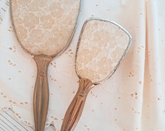 Vintage Art Nouveau Brass Vanity Set – Floral Mirror & Brush with Cream Runner