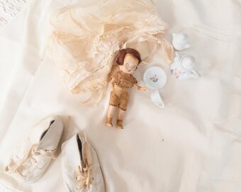 Vintage Baby Dress Set: Antique Doll, Booties, Bonnet, Lace