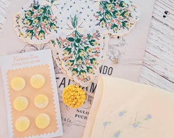 Vintage Hankies Set, Floral Print, Embroidered Hanky, Button Card, Pin, Earring