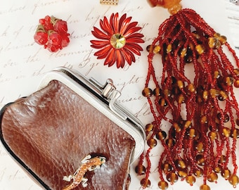 Vintage Burgundy Leather Coin Purse with Beaded Tassel & Lizard Pin