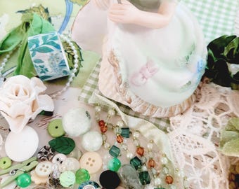 Green Craft Supply Kit, Vintage Bell, Fabric, Beads for Junk Journal