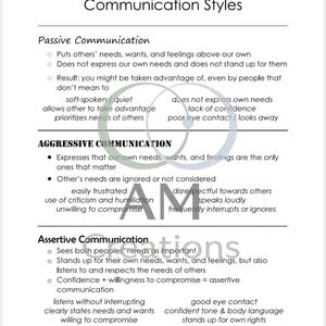 May include: A white informational document titled Communication Styles, outlining Passive, Aggressive, and Assertive communication. It lists characteristics for each style, including behaviours like prioritising others, expressing needs, and willingness to compromise.