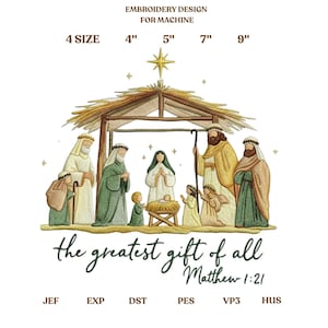 The Greatest Gift of All Embroidery Design, Christian Christmas Embroidery File, Nativity Christmas Pes, Christmas Tree, Instant Download