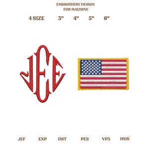 Pode incluir: Um design de bordado para máquina, com um monograma vermelho e um patch da bandeira americana. O design está disponível em 4 tamanhos, variando de 7.6 cm a 15.2 cm. A imagem também exibe formatos de arquivo: JEF, EXP, DST, PES, VP3 e HUS.