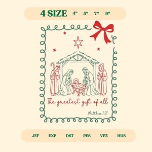 Diseño de bordado &quot;El regalo más grande de todos&quot;, archivo de bordado navideño cristiano de Coquette, Pes navideño de la Natividad, Árbol de Navidad