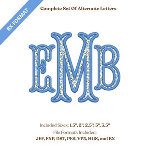Puede incluir: Un diseño de monograma con las letras E, M y B en azul claro con un estampado floral. El diseño incluye el texto "Complete Set Of Alternate Letters" y "BX FORMAT". La imagen también enumera los tamaños y formatos de archivo incluidos.