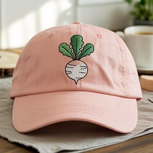 The Sleepy Little Radish with Green Leaves Embroidered Hat