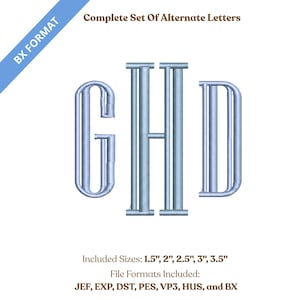 May include: A light blue monogram design featuring the letters GHD. The image includes the text "Complete Set Of Alternate Letters" and "BX FORMAT". The included sizes are 1.5", 2", 2.5", 3", and 3.5". File formats include JEF, EXP, DST, PES, VP3, HUS, and BX.