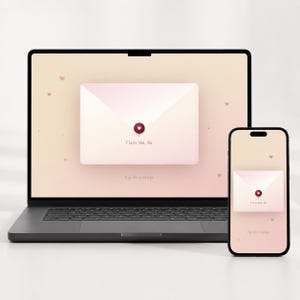 May include: A laptop and a smartphone displaying a pale pink background with a central light pink envelope graphic. The envelope features a dark red circular seal with a small white heart and the text I Love You, Na and Tap the envelope.