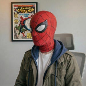 Puede incluir: Una máscara roja y negra de Spider-Man con lentes oculares blancas. La máscara se usa sobre una camisa blanca, una sudadera con capucha azul y una chaqueta verde oliva. Una portada de cómic enmarcada con Spider-Man cuelga en el fondo.