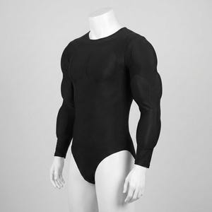 May include: Black bodysuit with long sleeves and a crew neck. The bodysuit features padded muscle definition on the chest and arms, creating a muscular appearance. The garment is displayed on a white mannequin.