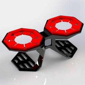 May include: A futuristic, geometric design featuring two red and black hexagonal platforms connected by a central support. The platforms have a circular cutout in the center and are supported by a black, angular base. The design is rendered in a 3D style.