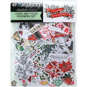 May include: A clear plastic package containing a set of 187 die-cut ephemera pieces. The pieces feature Christmas-themed icons and titles in red, green, and white. The package includes text that reads "Mistletoe & Memories."