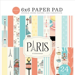 May include: A 6x6 paper pad with double-sided papers featuring a Parisian theme. The design includes images of the Eiffel Tower, cafe scenes, and other Parisian elements. The pad contains 24 double-sided papers.