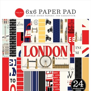 May include: A 6x6 inch paper pad with double-sided papers. The design features London landmarks like Big Ben, the London Eye, and the Tower Bridge. The color scheme includes red, white, blue, and yellow, with the word "LONDON" prominently displayed.