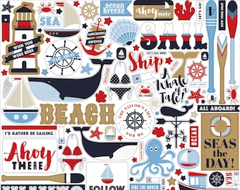 Deep Blue Sea - 12x12 Element Sticker Sheet - Carta Bella Nautical Summer Beach Scrapbook Cardmaking